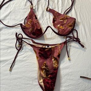 PrettyLittleThing Burgundy and Gold Bikini
